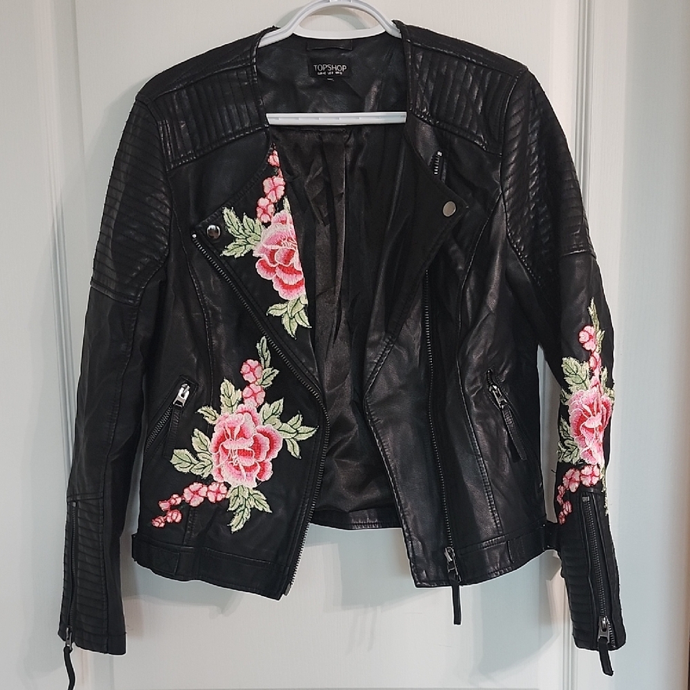 Topshop Black Leather Jacket with Pink Floral Embroidery
